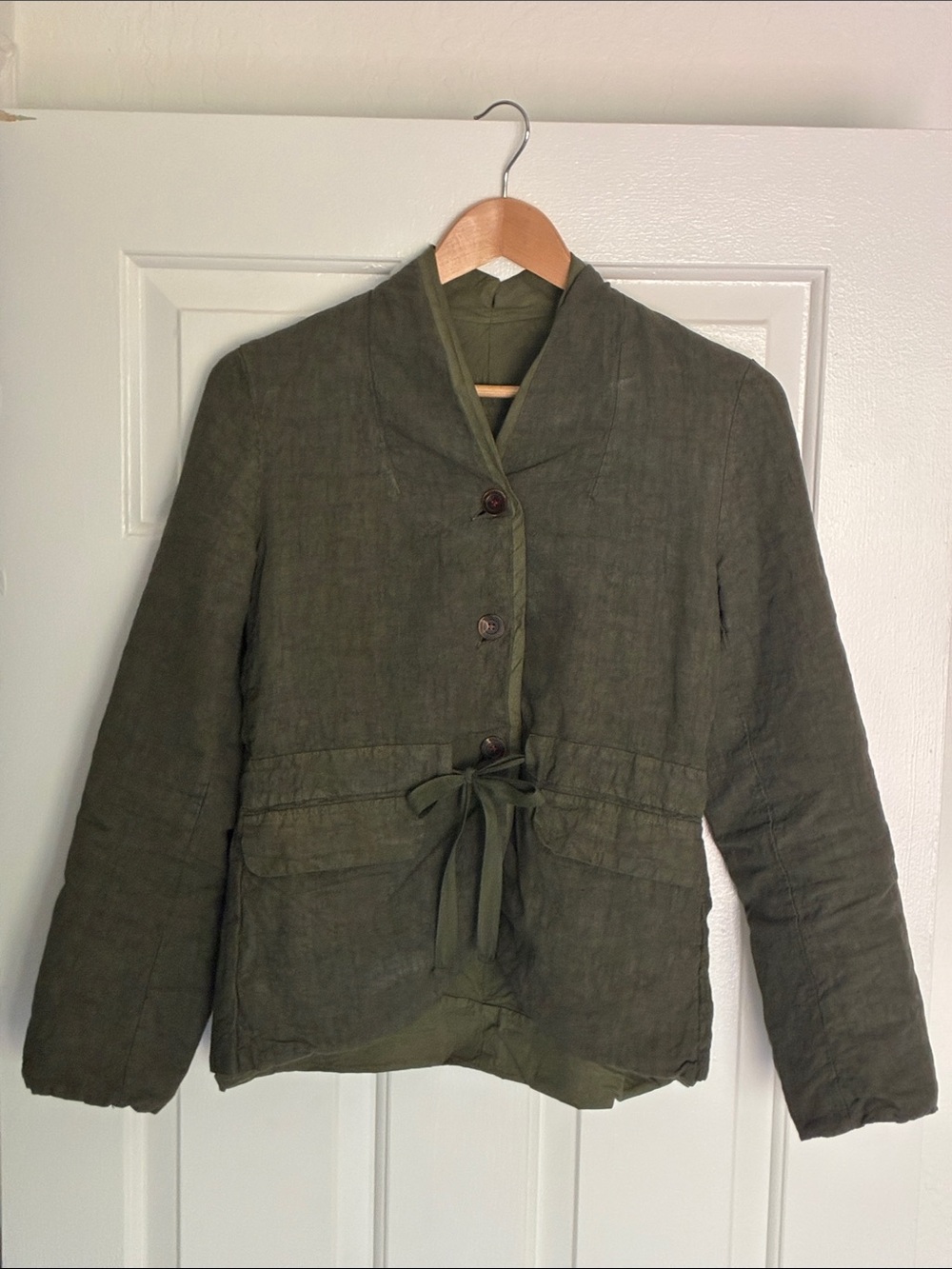 Hannoh Wessel Olive Green Women's Button-Front Jacket with Waist Tie Size 36